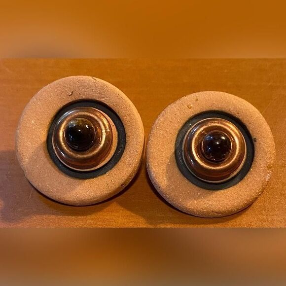 Vintage Clip-On Earrings Brown Stud Modernist 1.5" Round Statement Art Deco - Picture 1 of 3